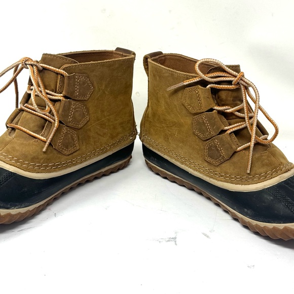 SOREL Out N About Ankle Duck Boots Brown Leather Blue Rubber Waterproof - Picture 3 of 7